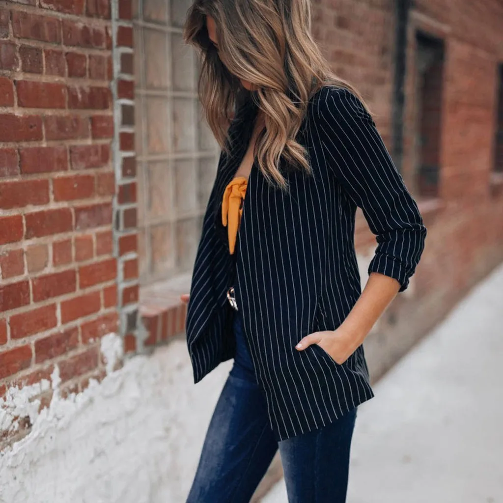 Женское пальто в полоску с длинным рукавом на пуговицах повседневное свободное