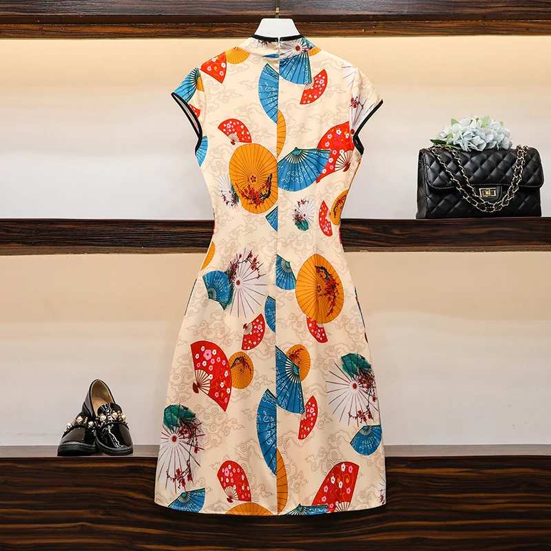 

2020 New Summer Women Dress Chinese Style Retro Print Improved Cheongsam Dress Plus Size M-4XL Elegant Slim Mini Dress