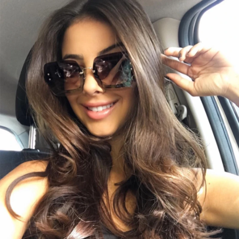 Классические квадратные солнцезащитные очки для женщин без оправы с кристаллами