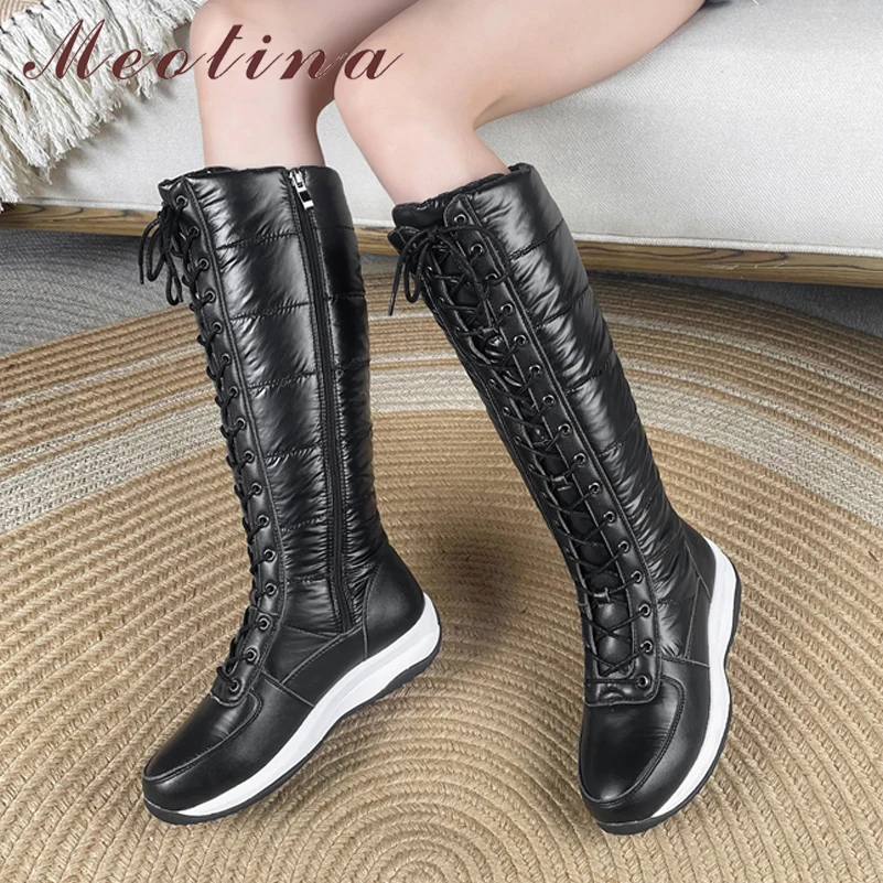 

Meotina Women Cow Split Leather Shoes Round Toe Knee High Boots Platform Flat Lace Up Ladies Footwear Winter Fashion Black 44