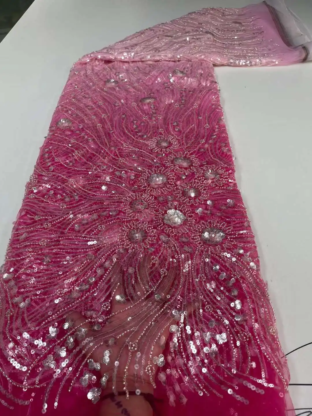 

High Quality African Mesh Lace Fabric Nigerian Sequins Beads Tube Craft Sewing Party Prom Bridal Wedding Dress 5 Yards Wholesale