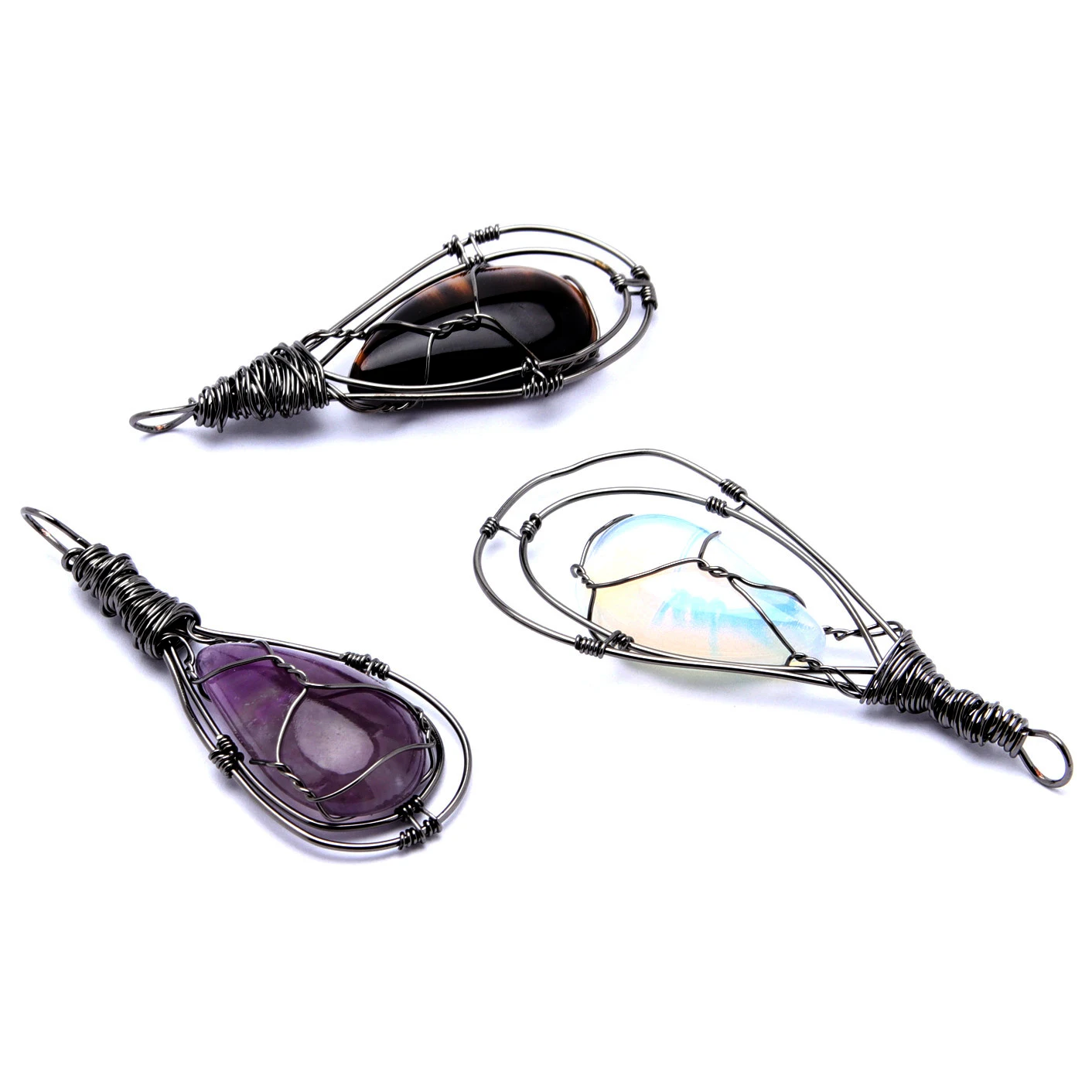 

Wire Winding Natural Stone Water Drop Shaped Pendant Amethyst Rose Quartz Reiki Crystal Pendants Handmade Necklace Charm Women