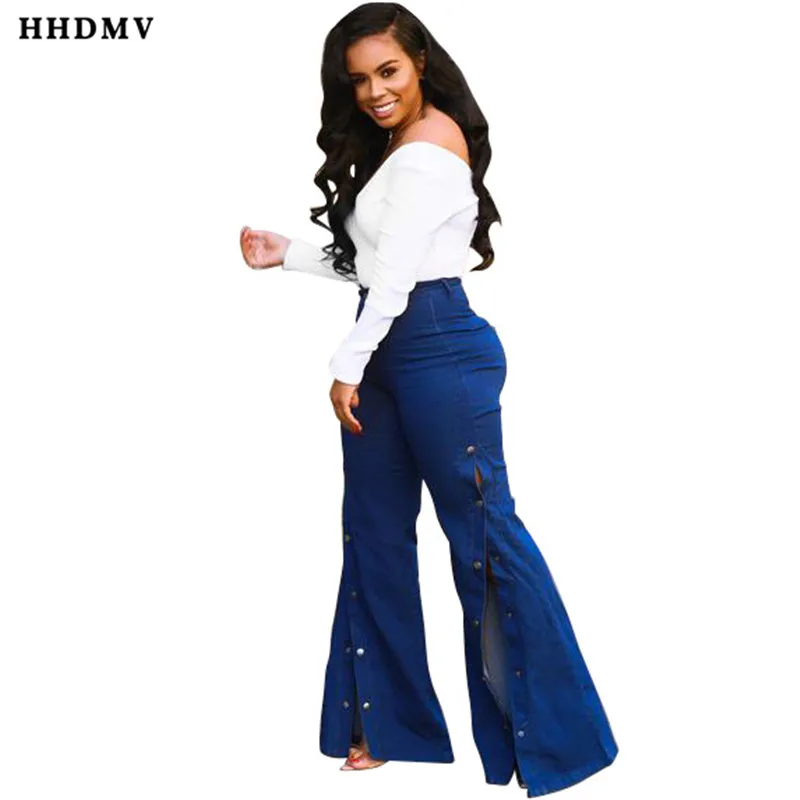 HHDMV HSF2048 fashion high street style long denim pants waist buttons open fork wide-legged | Женская одежда