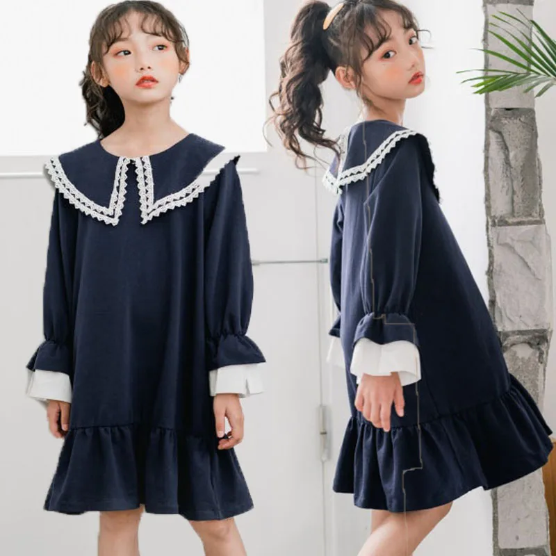 Back To School Clothing 100% Cotton Fall Dress For Girl Petal Sleeve Big Kids Dresses Blue 2019 Autumn Child Fashion | Детская одежда и