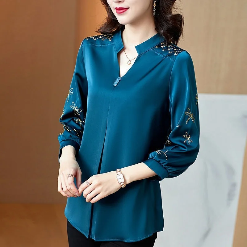 

Spring Women Fashion High Quality Elegant Imitation Silk Blouse Long Sleeves Satin Blouse Vintage Femme Stand Street Shirts X282