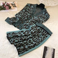 long sleeve v neck leopard striped cuffs thin knit cardigan a word skirt woman suit casual fashion 2019 autumn new