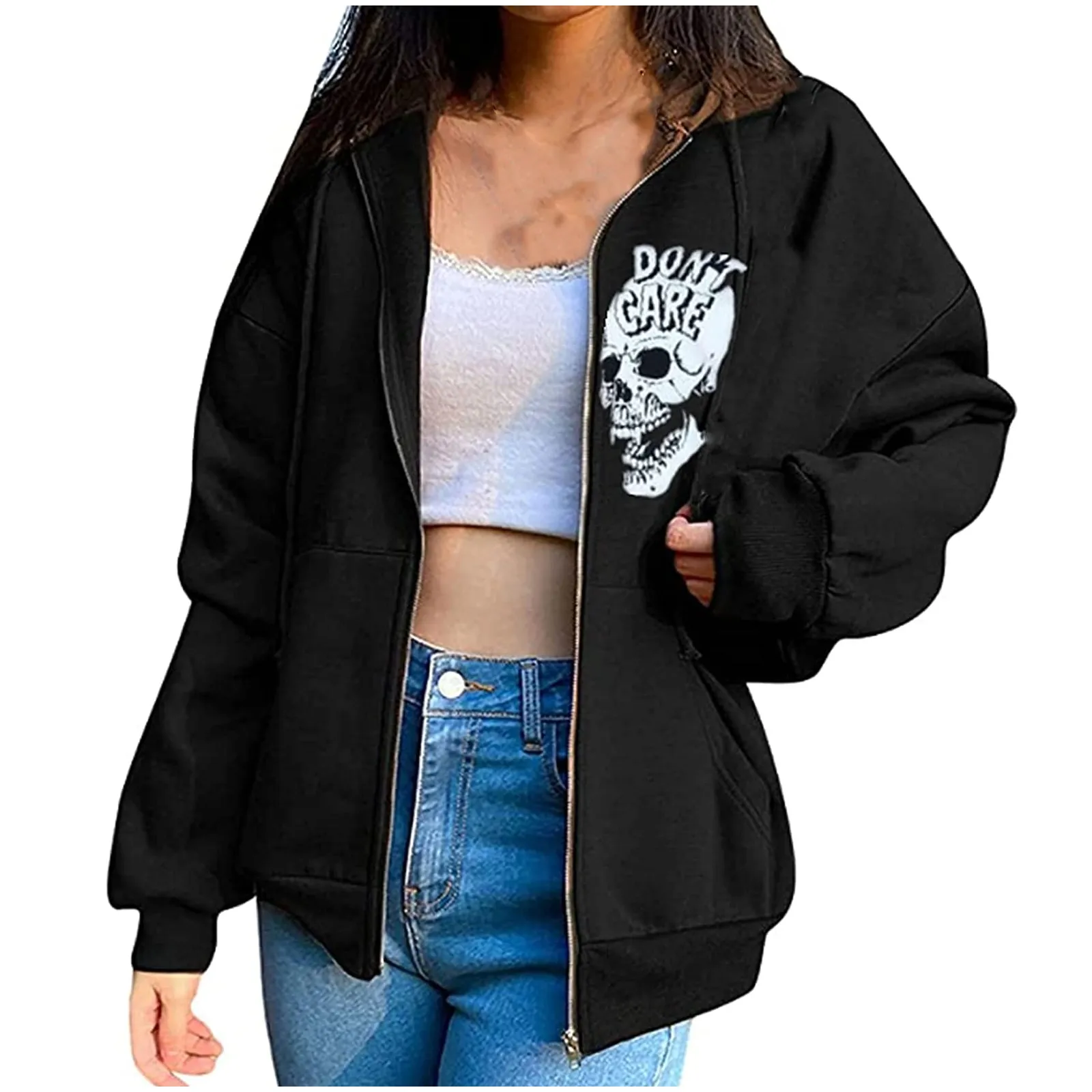 

Женские толстовки большого размера, свитшоты на молнии, осенняя Повседневная винтажная куртка с графическим капюшоном для E-Girl 90-х, уличная ...