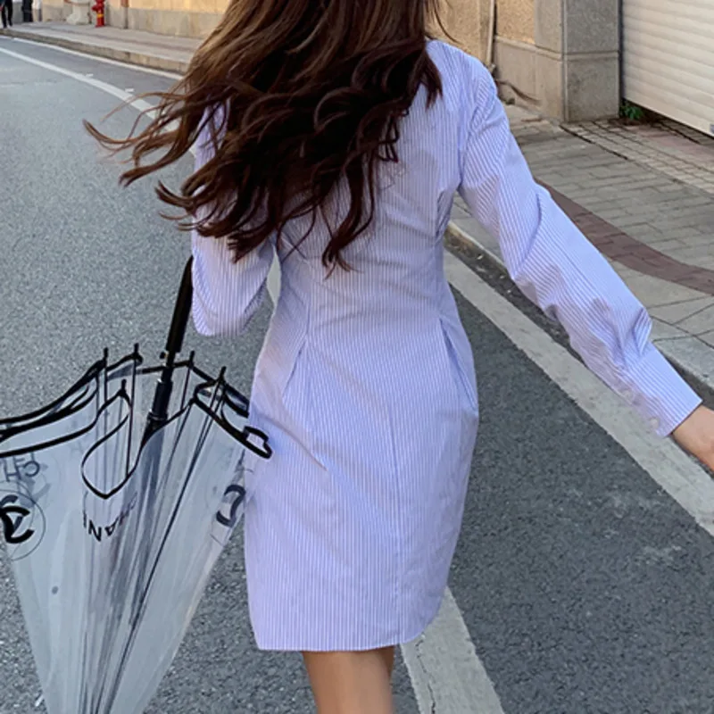 

In The Spring And Autumn New Meter Feeling Small Polo Long-sleeved Vestidos Mujer 2021 Temperament Striped Shirt Dresses White