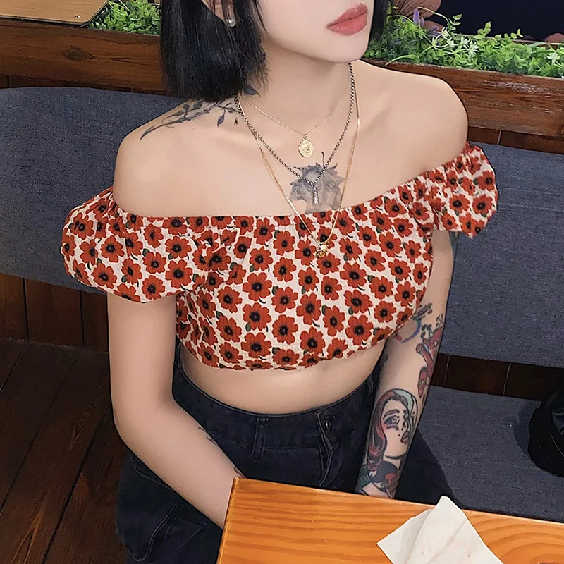 

Vintage Floral Print U-neck Elastic Shirt Women's 2021 Summer French Pleating Puffs Sleeve Crop Tops Holiday Streetwear Blouse