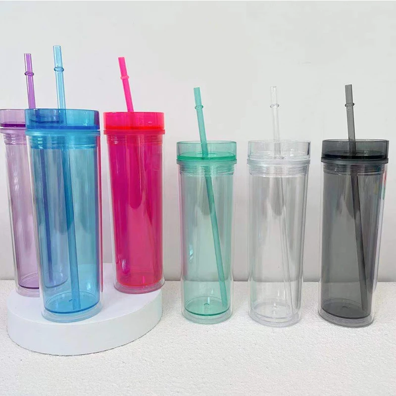 

16oz Acrylic Skinny Tumbler Matte Colored Plastic Cups Double-walled Coffee Milk Mug With Straw Portable Sports Travel Mugs