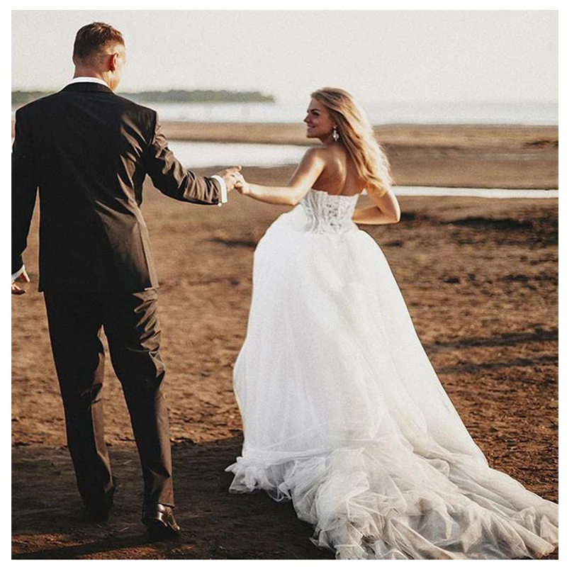 

BAZIIINGAAA Simple Wedding Dress Lace Little Beading Strapless Dress Luxury Wedding Gowns Bridal Can Be Washed Bride Dresses