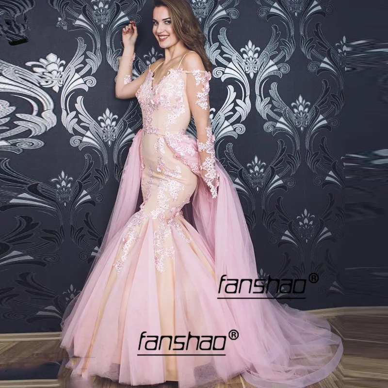 

Spaghetti Straps Evening Dress Mermaid Detachable Lace Special Occasion Dubai Saudi Arabic Evening Prom Dress abendkleider