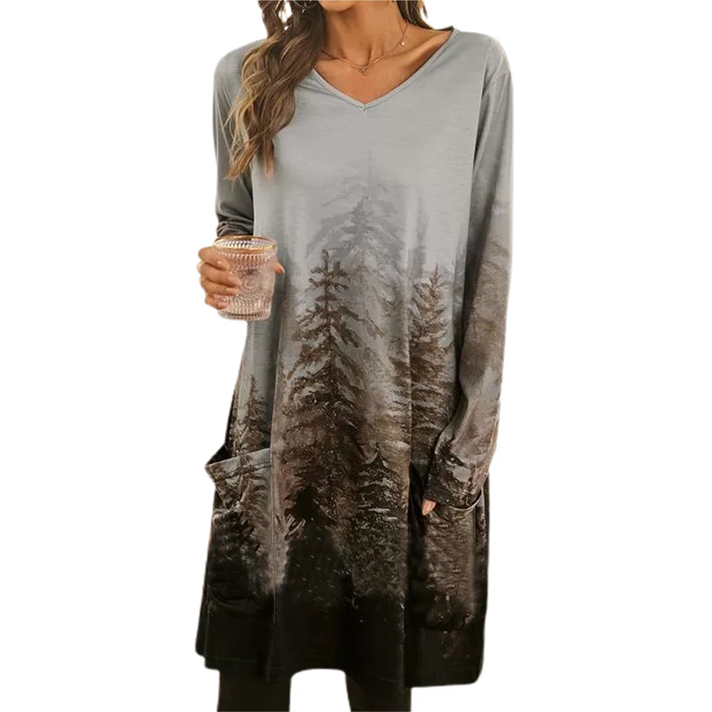

Autumn Long Sleeve V-neck Casual Medium Loose Dress Tree Print Double Pocket Tie Dyed Temperament Sweet Salt Casual 2021 Dress