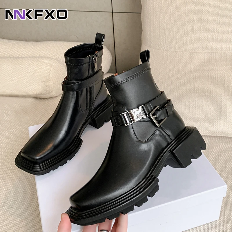 

Female Square Toe 2021 winter Genuine Leather Platform Boots Women Shoes Women Booties British Zip Retro Trend Women Naked Boots