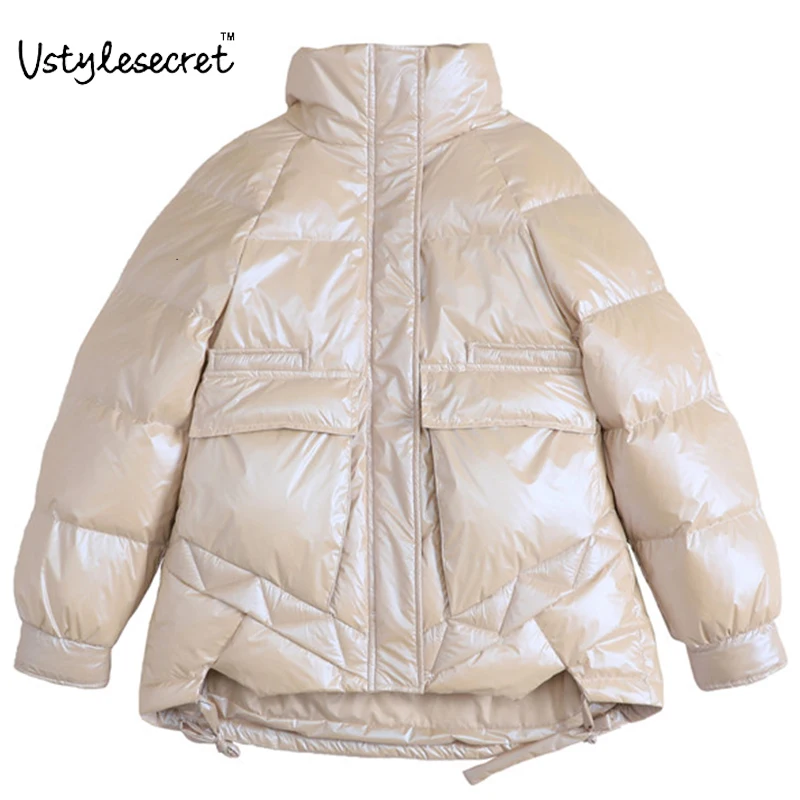 

White Duck Down Puffer Jacket Shiny Manteau Femme Doudoune 겨울 Female Warm Loose Parkas Ultralight Women Coat Winter U11004