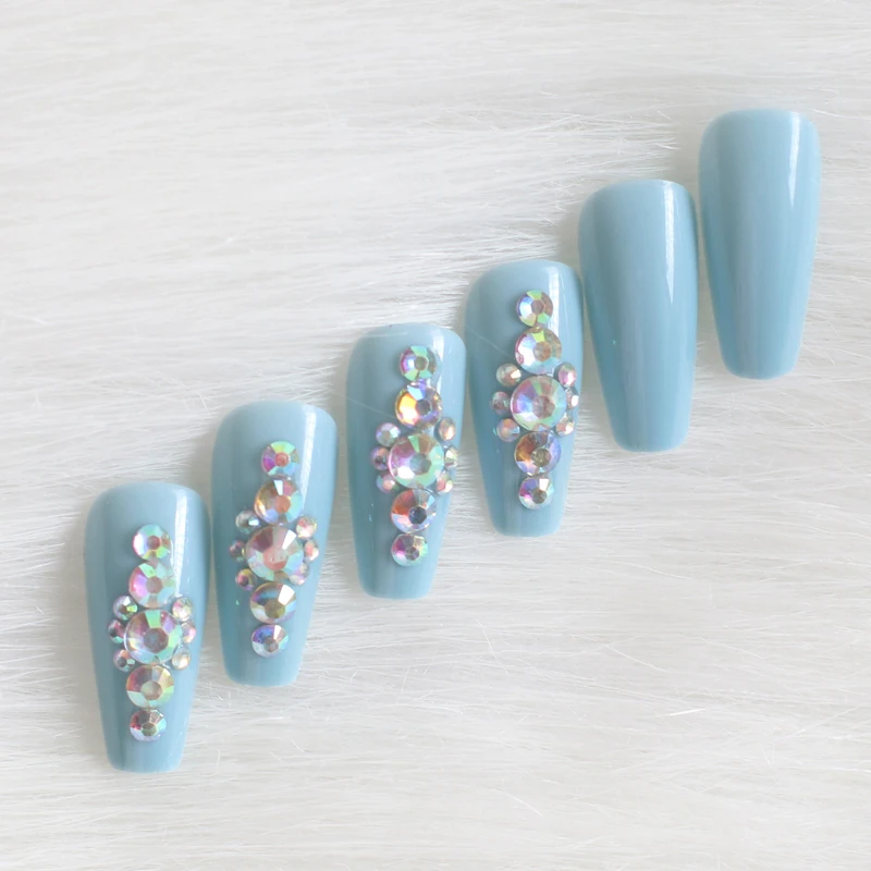 24 шт. новейшие Яркие длинные накладные ногти ручной работы с кристаллами