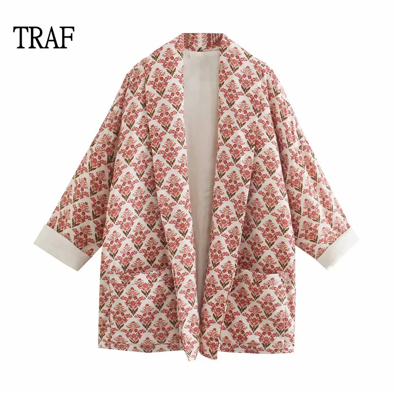 

TRAF 2021 Women jackets Autumn Vintage Print Long Sleeve Top Women Clothing Coat Woman Loose Pocket Chic Jacket Female Coat