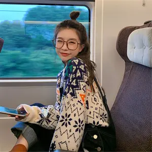 Женский винтажный свитер, свободный жаккардовый пуловер с круглым вырезом, топ на осень-зиму 2020