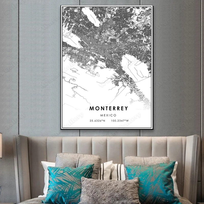 Черно-белая карта города Мексики Монтеррея плакат HD печать настенное искусство