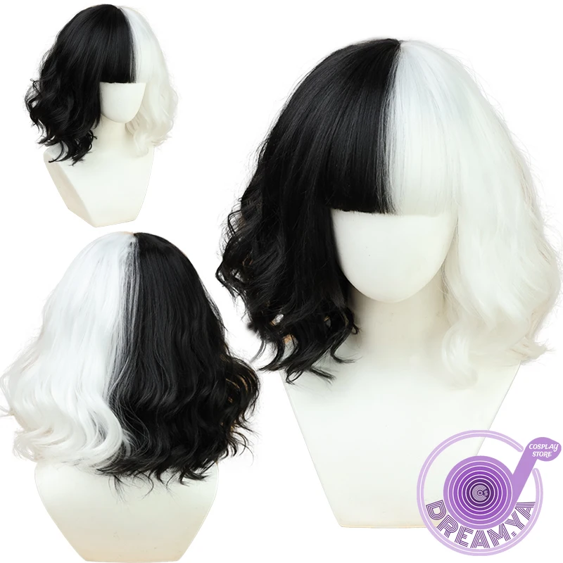 

Cruella De Vil Cosplay Wig Black White Mixed Short 35cm Curly BOBO Halloween Party Carnival Role Play + Free Wig Cap