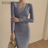 fall winter long sleeved thick warm sweater dress korean chic v neck knitted sweater dress one piece ladies casual sweater dress