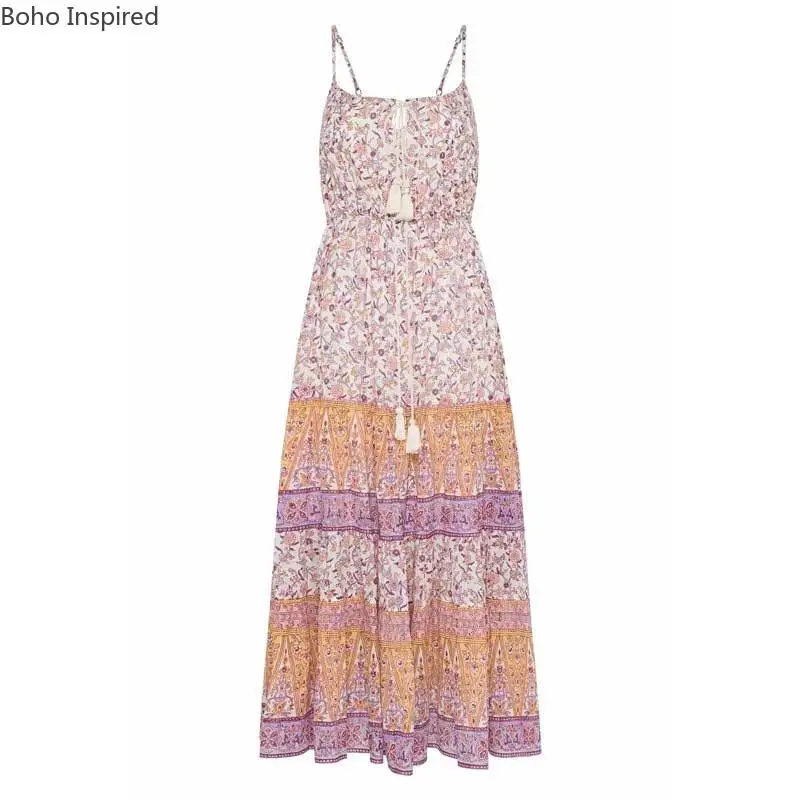 BOHO INSPIRED Lilac floral sleevless long boho dress tassle summer plus size women bohemia style beach Sundress new | Женская одежда
