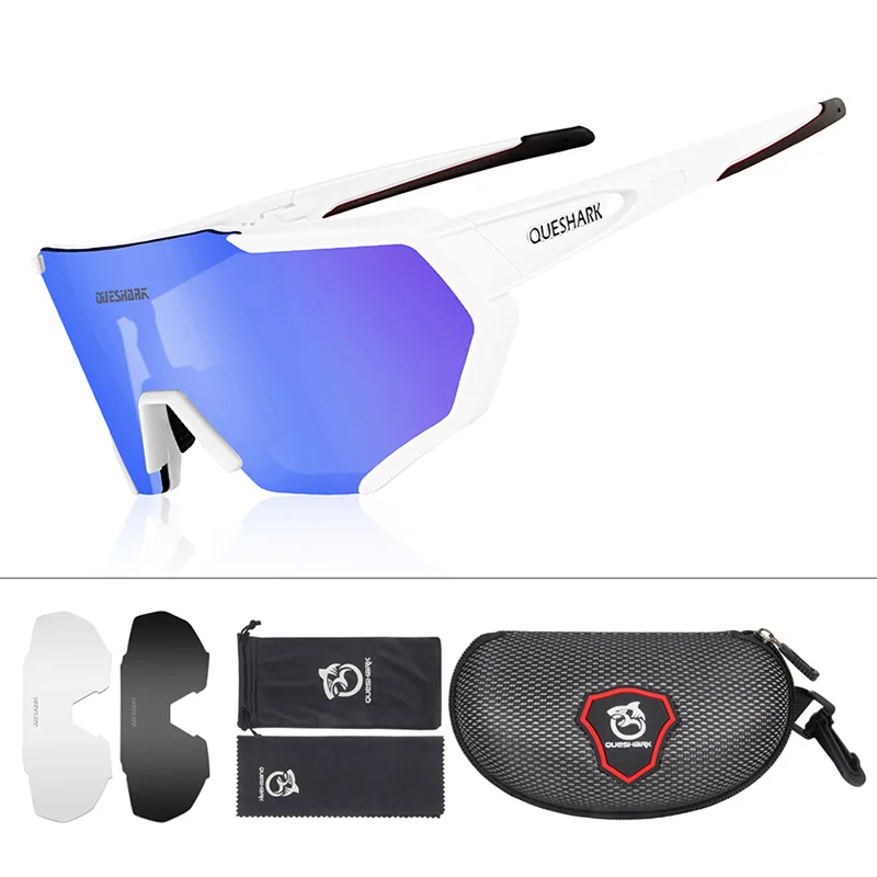 3 Lens White Blue QUESHARK, дизайн, очки для велоспорта для мужчин и женщин,, полностью покрытые линзы, UV400, поляризационные, 3 или 4 линзы, всего - Цвет: 3 Lens White Blue