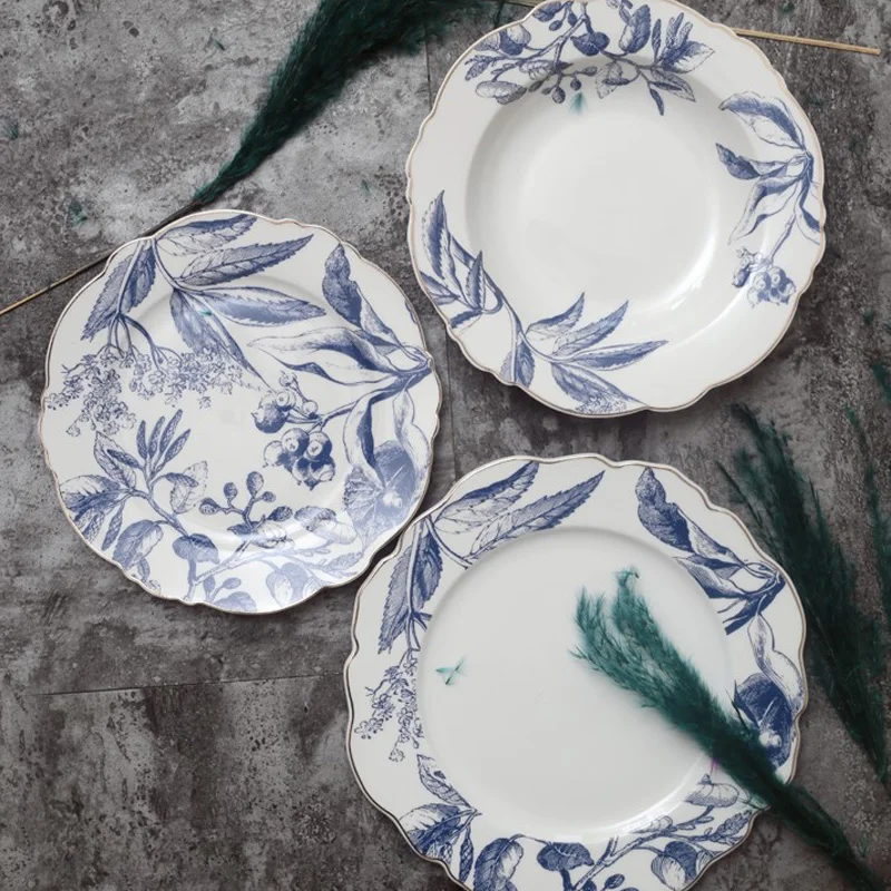 Обеденные тарелки в богемном стиле с синим геометрическим узором керамическая