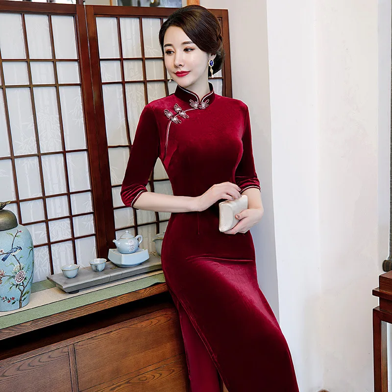 

5 Colors Vintage Velour Qipao Women Sexy Long Slim Cheongsam Autumn New Chinese Bride Wedding Dress Plus Size S-4XL Vestidos