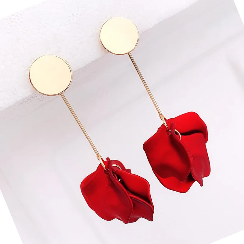 Женские корейские серьги с красной розой золотистые металлические медные