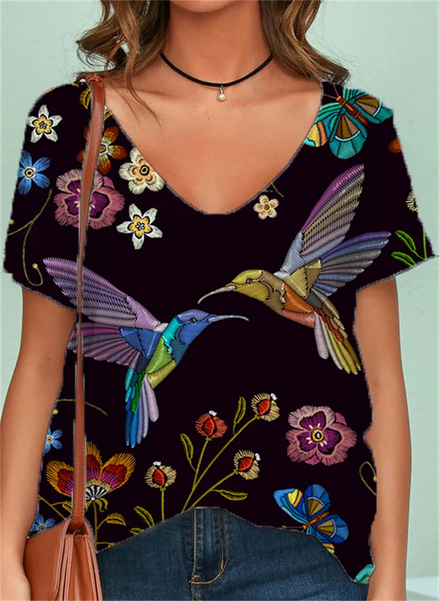 

Flower Bird Cat Animal V-neck T-shirt Ladies Top Short Sleeve Loose T-shirt Casual Soft Top T-shirt Ladies New Exclusive Design