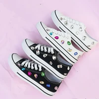 2021 new korean style tied low top canvas shoes womens flat pumps rhinestone student classic white shoes