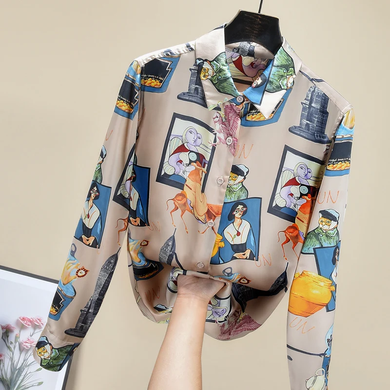 

Женская одежда, осень 2021, универсальная блузка с длинными рукавами, Высококачественная атласная рубашка в стиле ретро с принтом ленивых, то...