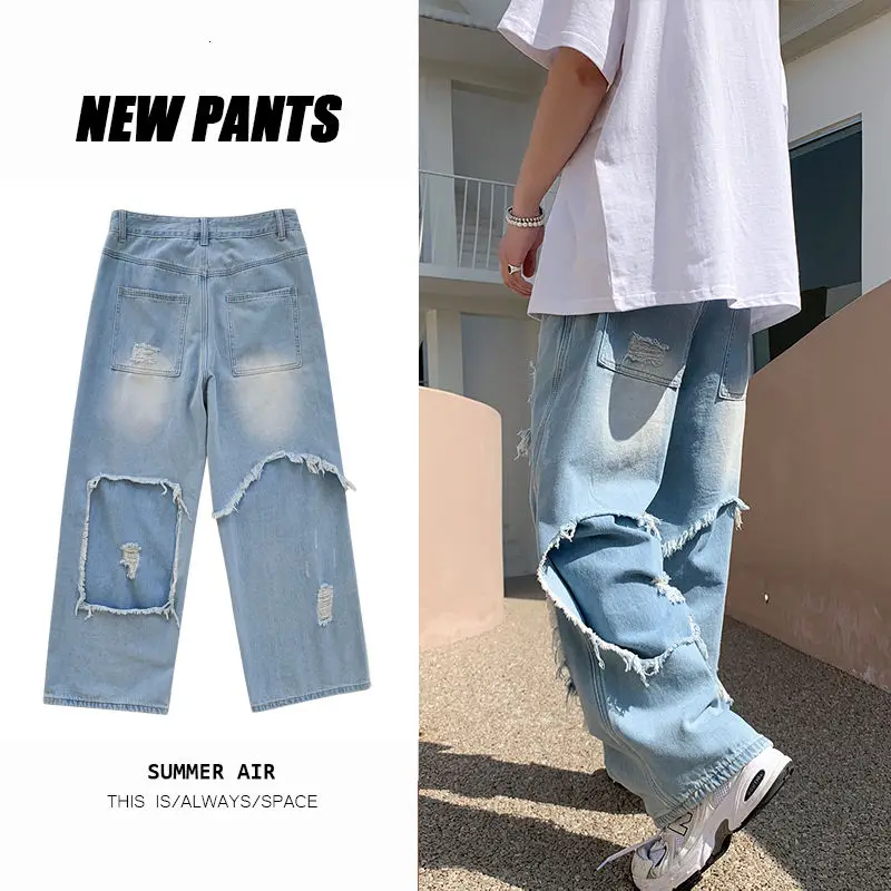 

Korean Wide-leg Jeans Men's Fashion Harajuku Ripped Jeans Men Streetwear Loose Hip-hop Ripped Straight Denim Trousers Mens M-3XL
