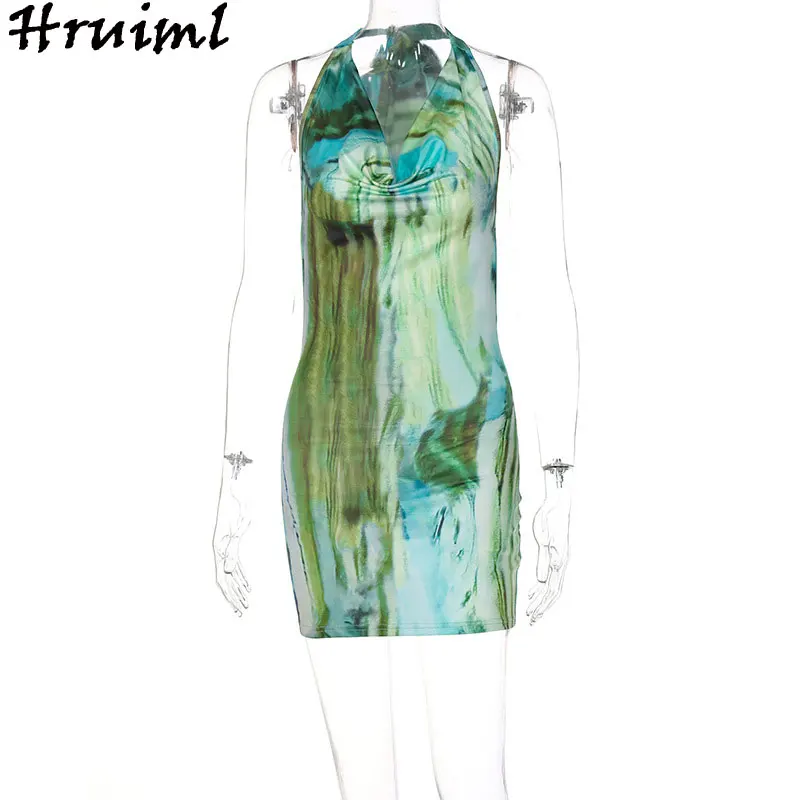 

Sexy Dress Women Party Night Club Wear Sleeveless Tie-dye Printed Backless Mini Dress Fashion Hot Sale Slim Summer Halter Dress