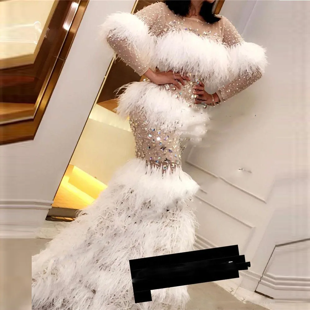 Major Beading Feather Prom Dresses Long Sleeves Illusion Dubai Arabic Plus Size Mermaid Evening Dress Sheer Neck robe de soiree