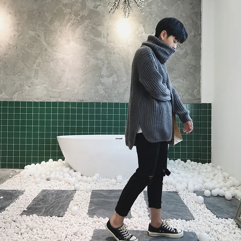 Свитер мужской вязаный свободного покроя водолазка однотонный повседневный