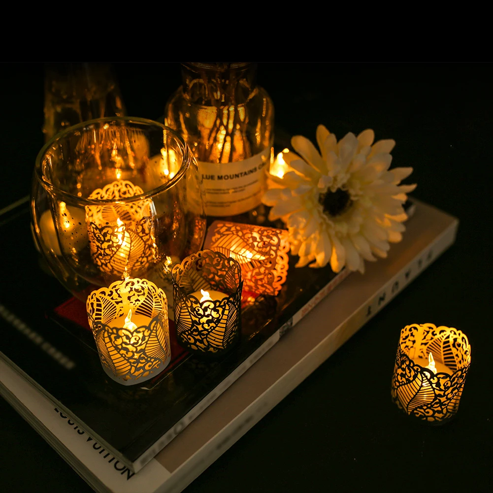 12 шт. LED абажур для свечи бумага лазерная резка лист полые ретро узор сердце