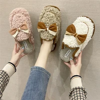 women home indoor slippers comfortable hairy warm shoes bow knot furry faux fur floor slides ladies short plush cotton slippers