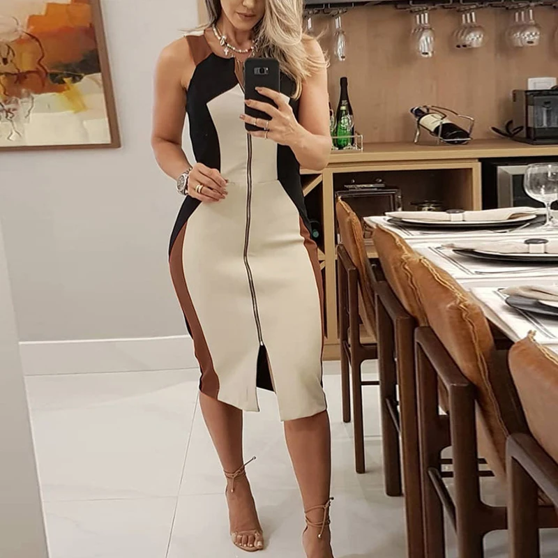 

Sleeveless Dress Women Patchwork Zipper Spring Slim O-neck Autumn Dress Elegant Ladies Dresses Casual Office Lady Party Dress