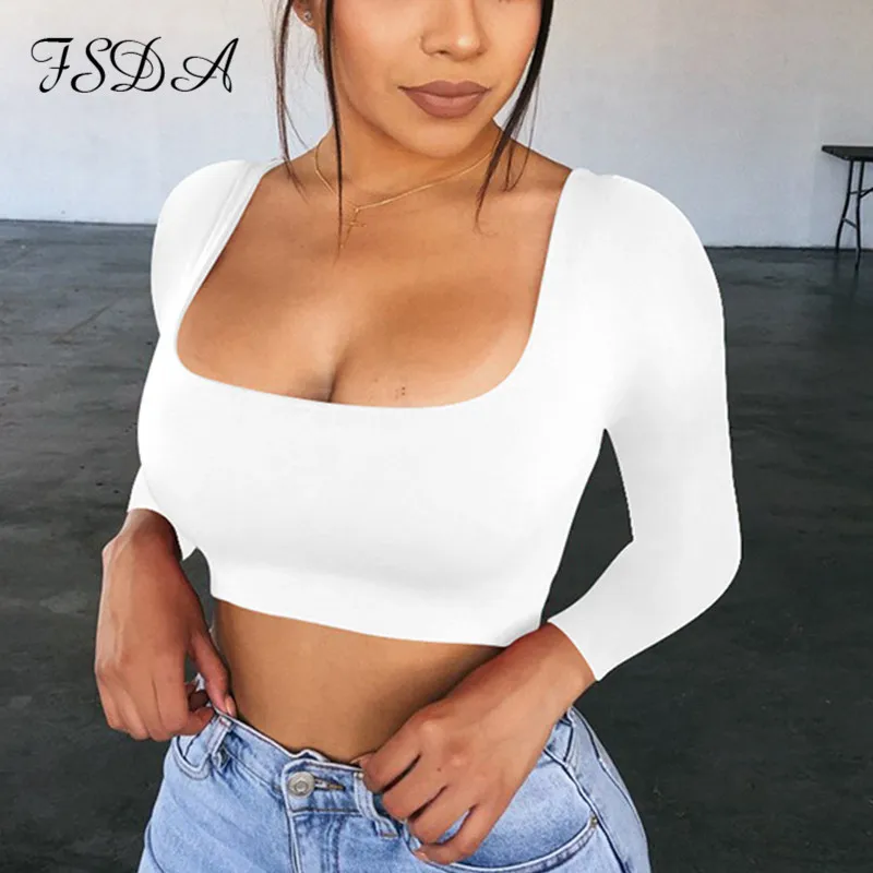 FSDA Summer Spring Crop Top Long Sleeve Women Black Sexy Shirt White Square Neck Casual Tee Mujer Ladies | Женская одежда