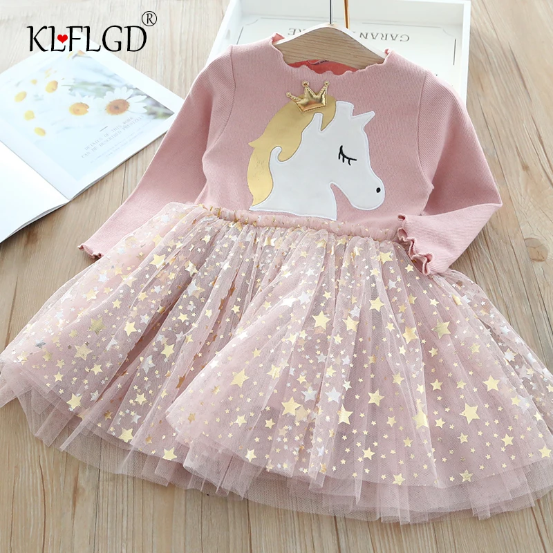 Вязаное платье для девочек осень 2020 с длинным рукавом и принтом единорога