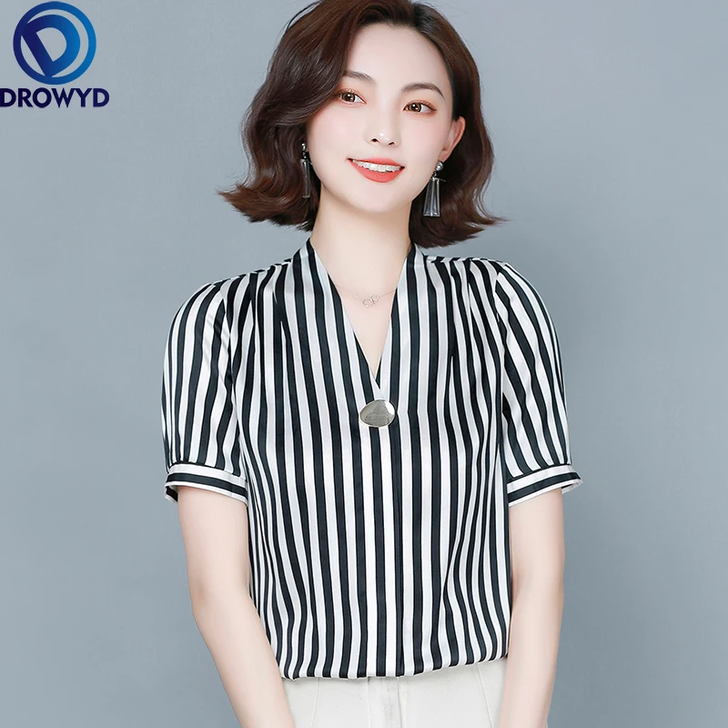 

Women's Summer office Style Chiffon Blouse Shirt Women's short Sleeve Striped Button V-Neck Printed Casual Tops plus size 2021