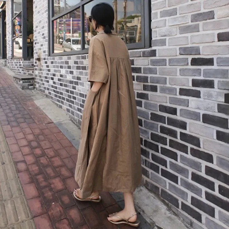 Женское винтажное платье из хлопка и льна Johnature однотонное свободное с V образным