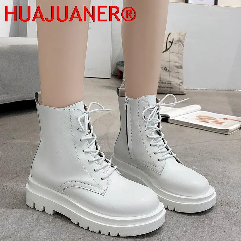 

Women Ankle Boots Platform Round Toe Lace Up 5cm Heel Boots For Woman Zip Women Shoes Botas White Black Basic 35-40