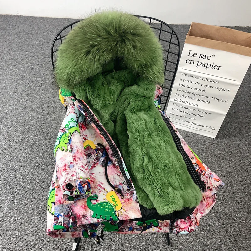Style2 Green Меховые парки для русской зимы для мальчиков и девочек Съемный натуральный мех кролика Подкладка Толстая детская зимняя куртка пальто с капюшоном из натурального меха енота - Цвет: Style2 Green