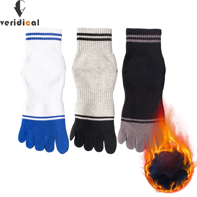 5 Pairs Five Fingers Terry Socks For Man Striped Thick Winter Thermal Warm Compression Athletic Sport Socks With Toes Hot Sell
