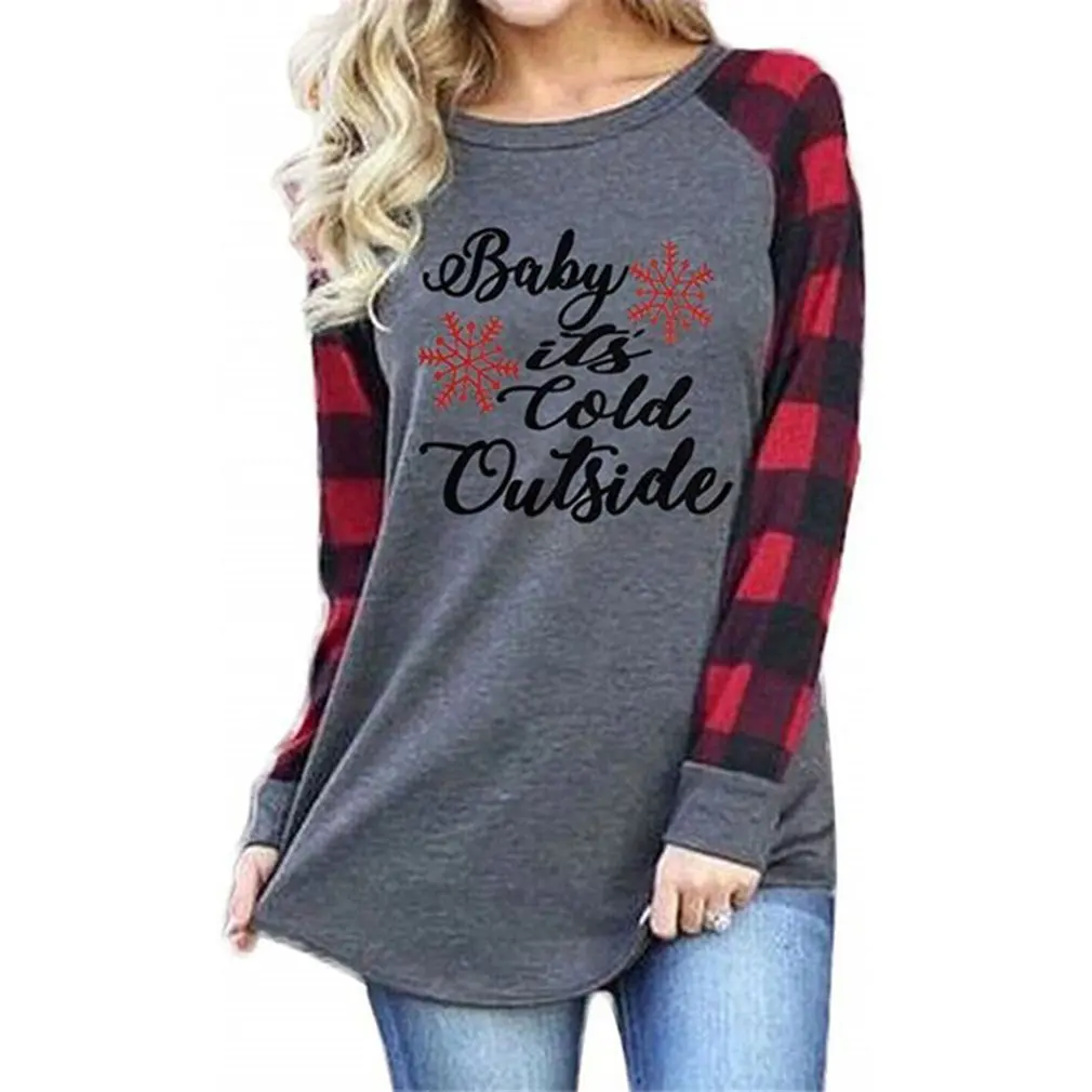 

Long-sleeve T-shirt Women Crew Neck Long Sleeve Plaid Top Casual Blouses Girl Basic T-shirts Casual Top