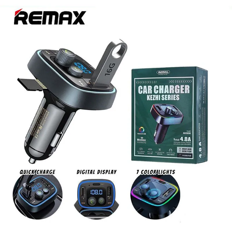 

Remax 4.8A 5V Wireless Bluetooth Car Charger xiaomi iphone Fast Charge Digital Display 7-Color Lights USB C Type C Phone Adapter