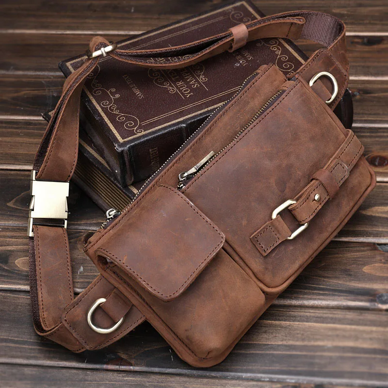 

AETOO Men's leather belt bag Crazy Horse leather mobile phone bag casual retro first layer leather small chest bag multifunction